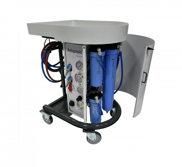 Aquadial water filtration cart for dialysis treatments - door open to view the interior and water filtration cartridges