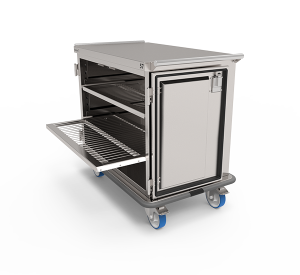 Surgical instrument case cart with sliding shelves and 270 degree door opening