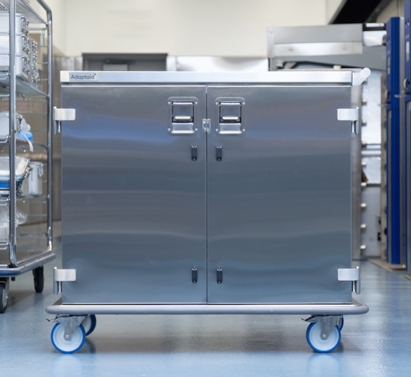 Double door stainless steel case cart for surgical instruments safe transport with sliding shelves and compatible with large sterilization containers
