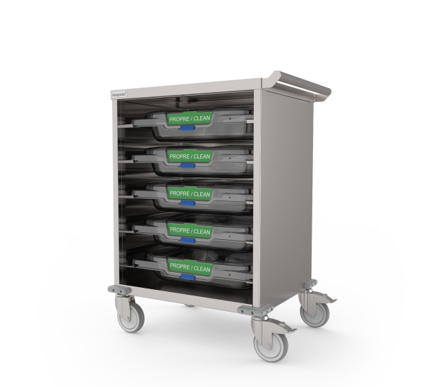 Chariot de transport de sondes en acier inoxydable avec cassettes et couvercles pour instruments