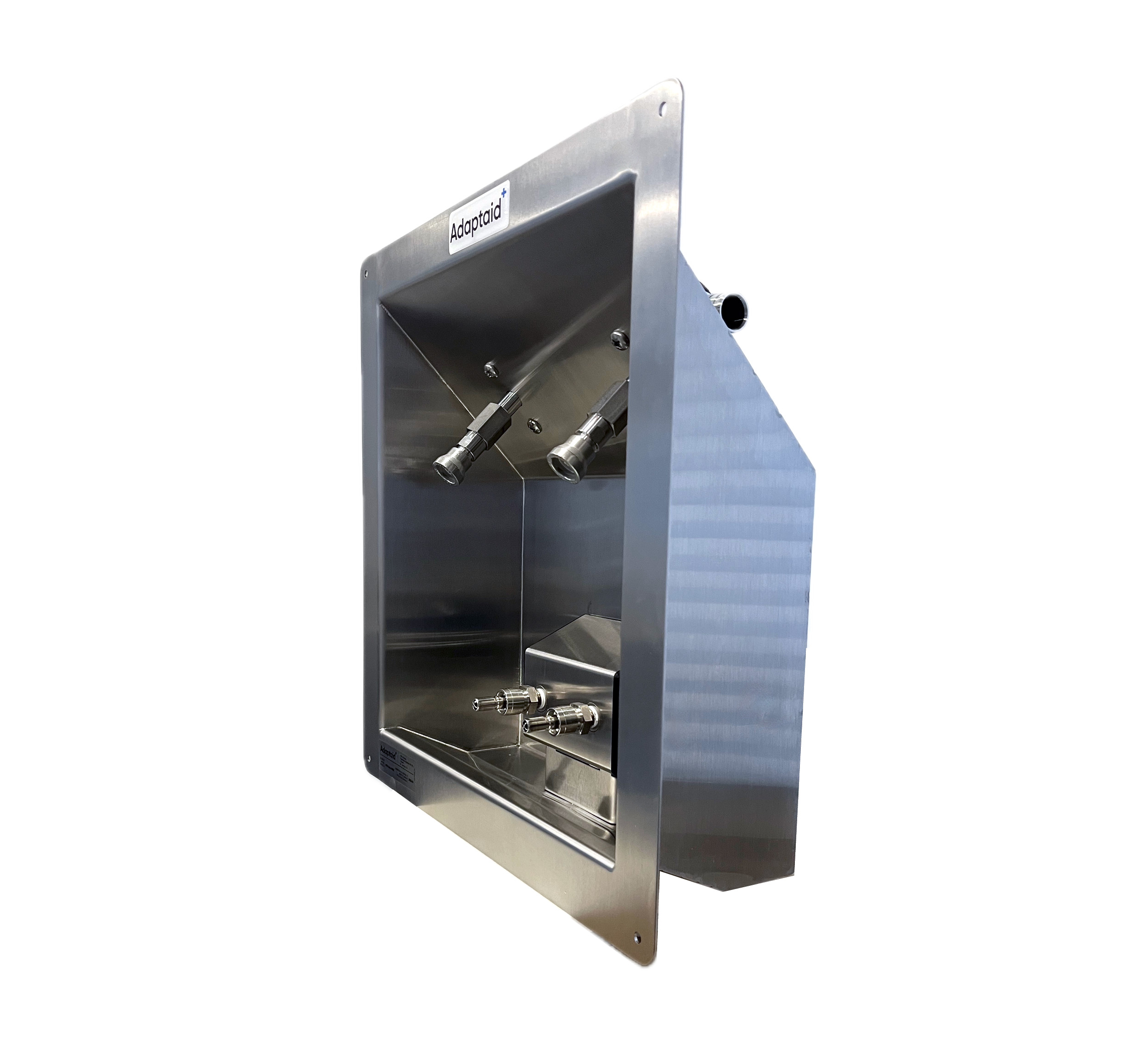 Stainless steel wall-mounted sink with two paired pure after supply connections and a dual connection to an air-gap drainage block