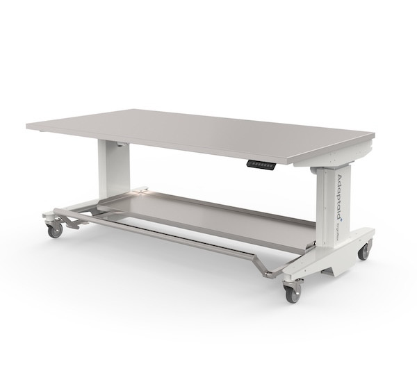 Table de préparation et de montatge en acier inoxydable résistant à la corrosion, réglable en hauteur, avec repose-pieds.