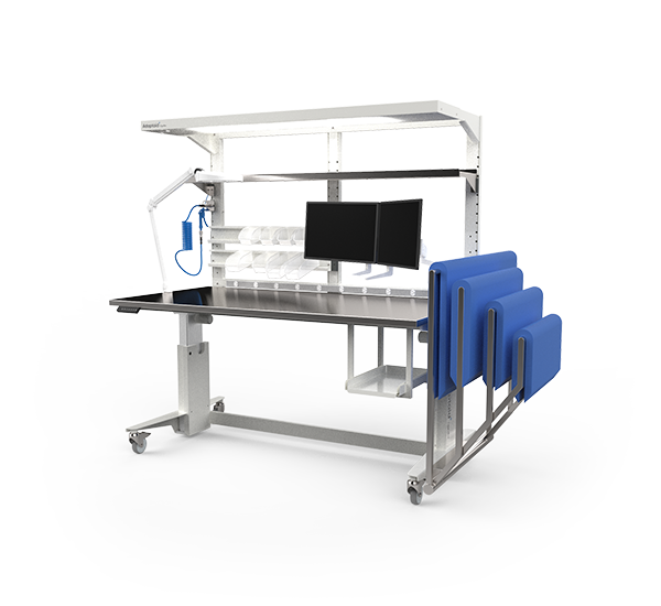 Table de préparation et d'emballage Ergoflex avec support de champs d'emballage stérile, module supérieur, support d'ordinateur, bras double pour moniteur, lampe loupe, barre de suspension polyvalente, bacs de rangement suspendus, éclairage, et plus
