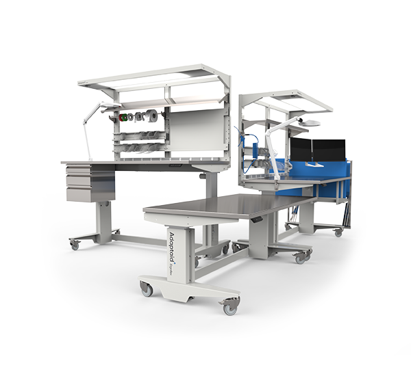 Stations de préparation et d'emballage Ergoflex de grande, moyenne et petite taille fabriqués par Adaptaid.